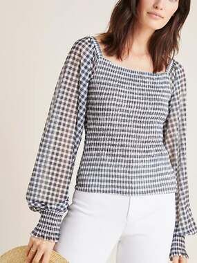 By Anthropologie Rouen Gingham Top Black White M